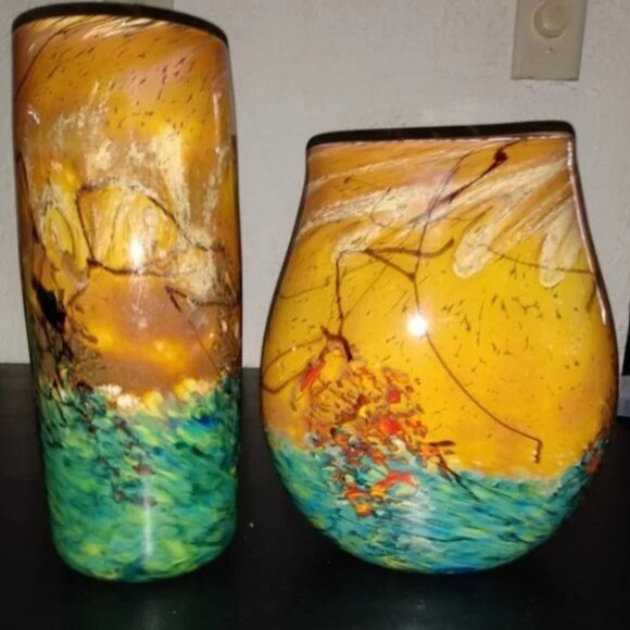 JOHN FIELDS 'SEDONA' Signed 2001 Colorful Hand Blown Studio Art Glass Pouch Vase - Picture 7 of 10